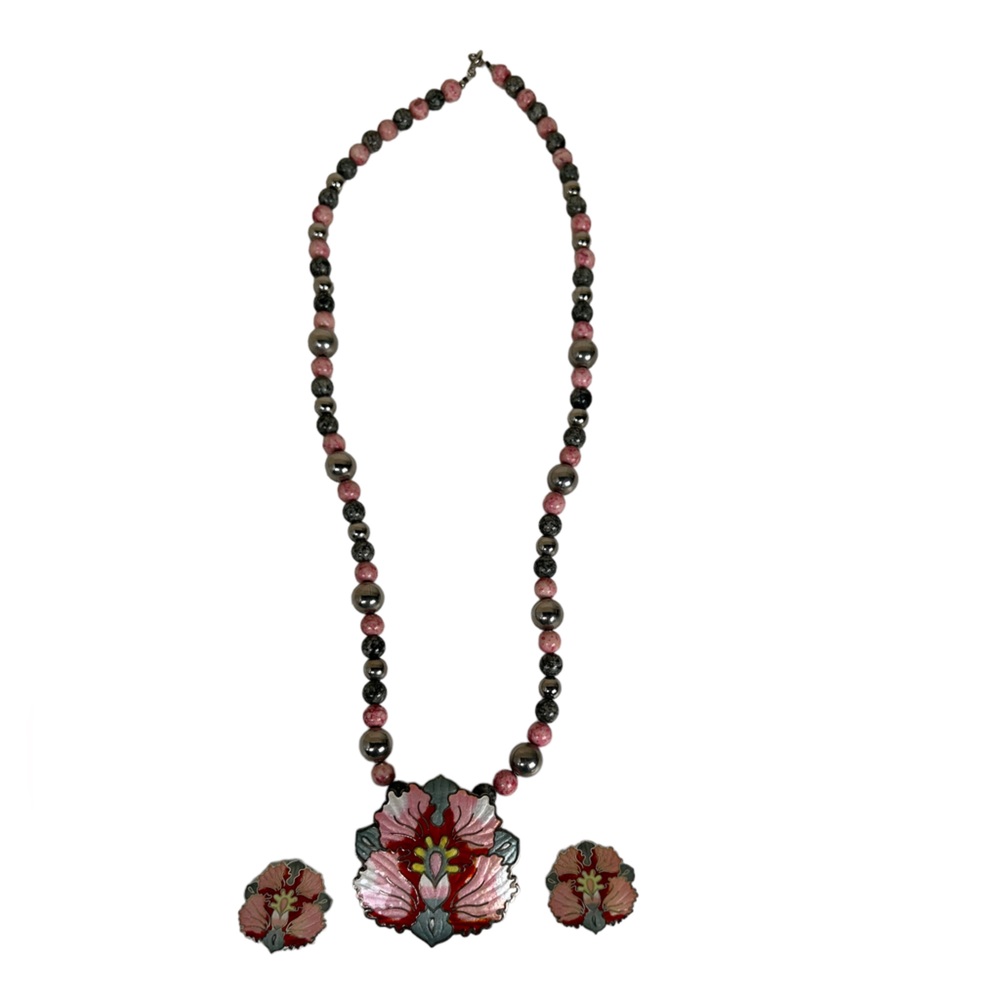 Vintage CJ Jewelry Enamel Pink Flower Floral Earrings Necklace Pendant Set CJ's